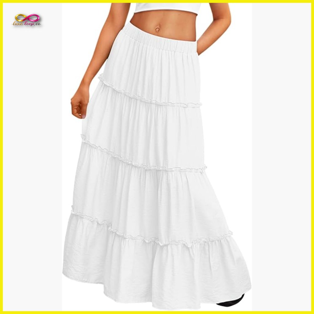 Boho Maxi Skirt Elastic High Waist With Pockets Flowy Vacation Outfit